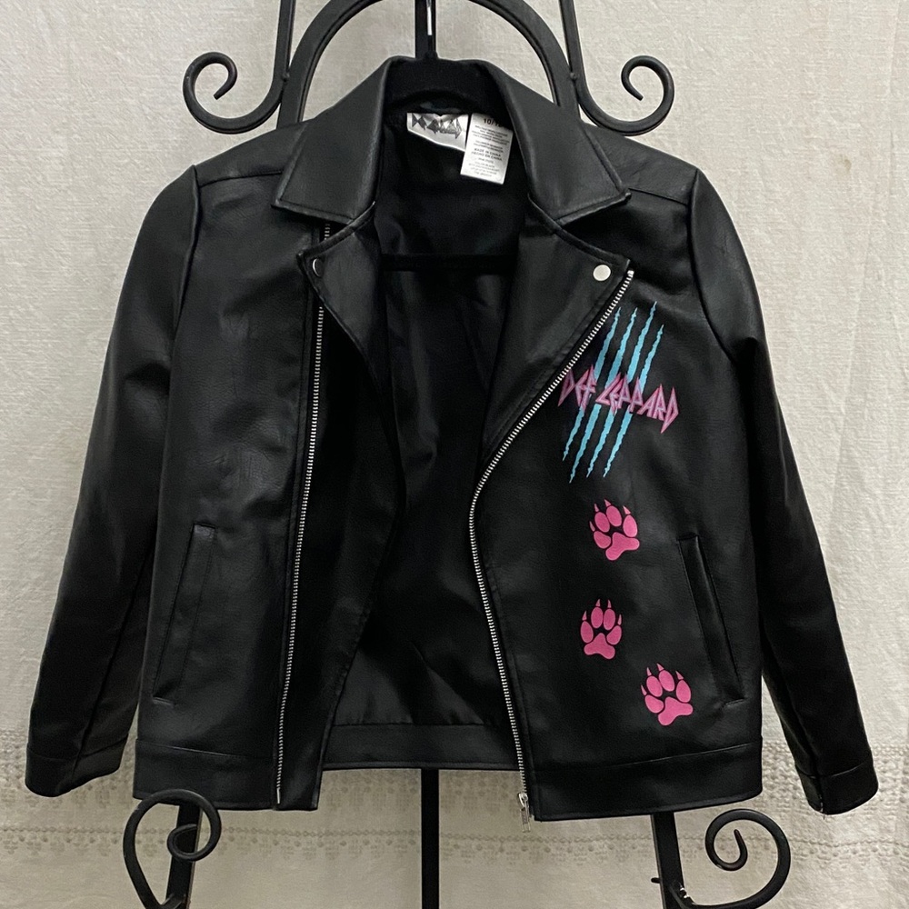 Girls Def Leppard Moto Jacket Size 10/12 | Faux Leather Rock Band Jacket 🐆🤘